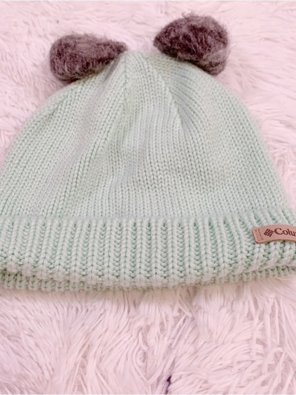 Columbia Kids Mint Green Beanie with Gray Pom Pom